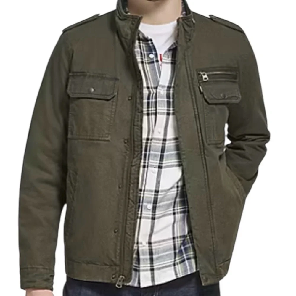 Levis Men’s Olive Green Washed Cotton Military Barn Coat Jacket Size XL